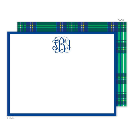 Green Plaid Back Monogram Flat Note Cards