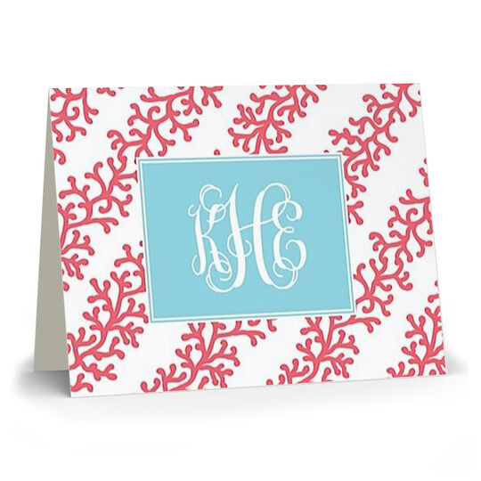 Coral Stripe Monogram Folded Note Cards