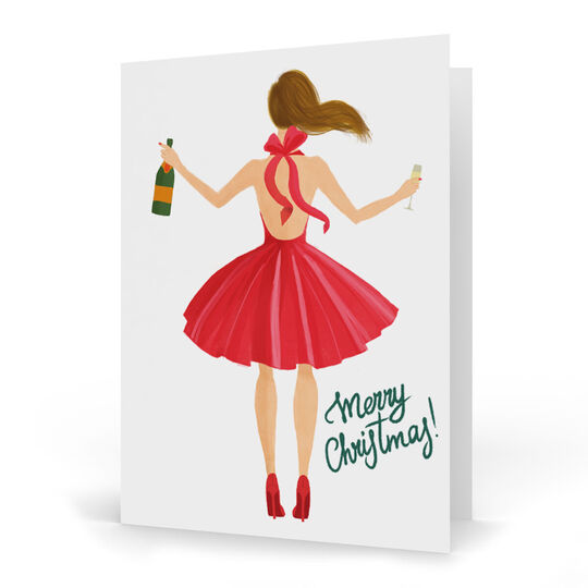Brunette Holiday Girl with Champagne Folded Holiday Cards