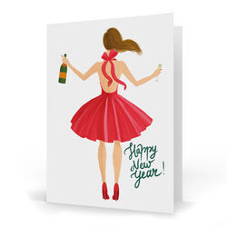 Brunette Holiday Girl with Champagne Folded New Year Cards