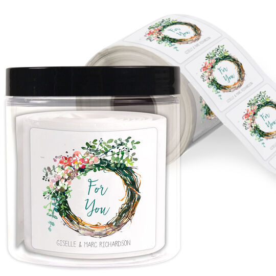 Peony Wreath Square Gift Stickers in a Jar