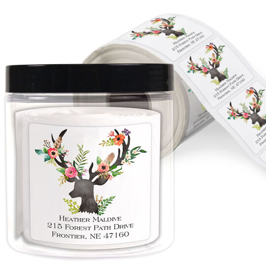 Floral Decorated Deer Square Address Labels in a Jar