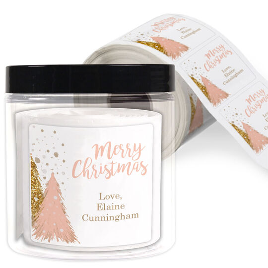 Faux Gold and Pink Trees Square Gift Stickers in a Jar