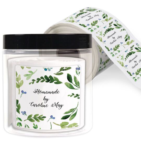 Green Sprigs and Buds Square Gift Stickers in a Jar