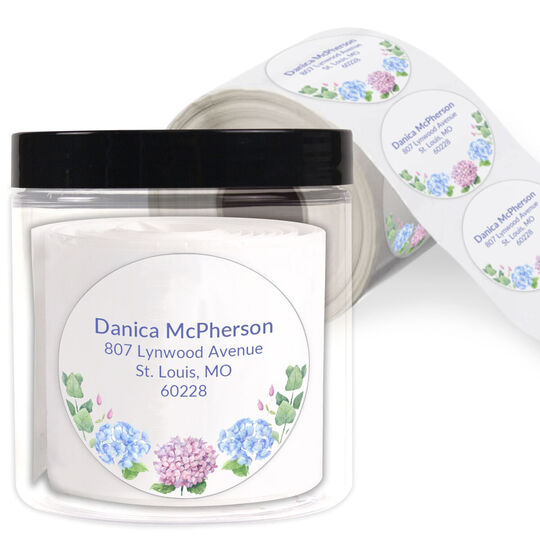 Hydrangea Blooms Round Address Labels in a Jar