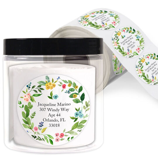 White Bud Wreath Round Address Labels in a Jar