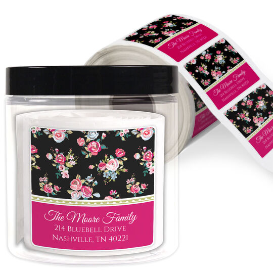 Black Vintage Petite Roses Square Address Labels in a Jar