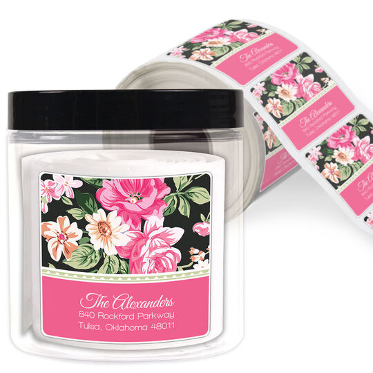 Black Vintage Roses Square Address Labels in a Jar