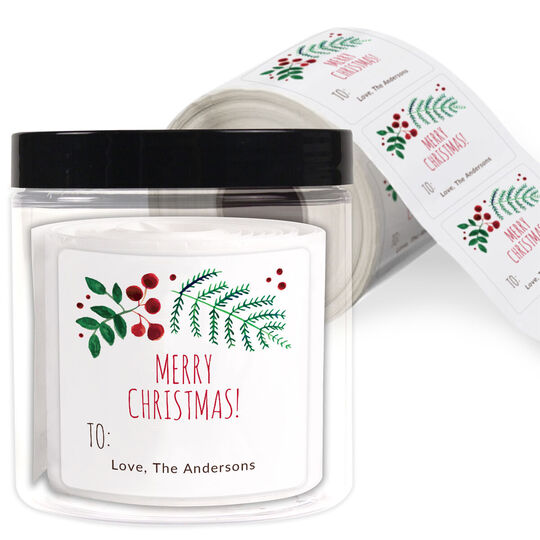 Merry Christmas Botanical Square Gift Stickers in a Jar