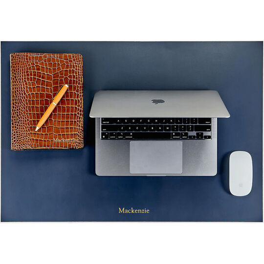 Personalized Two-Sided Leather Desk Blotter - Navy & Tan