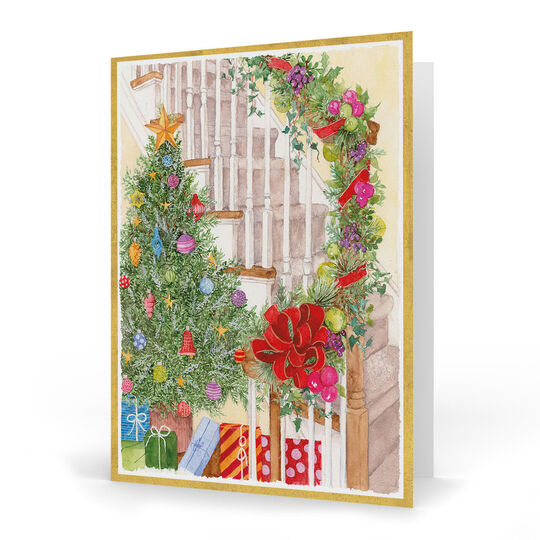 Decorated Staircase and Christmas Tree Folded Holiday Cards