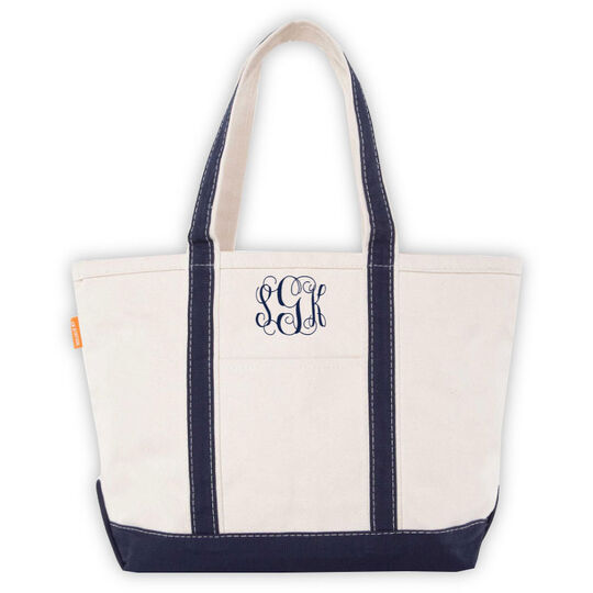 Personalized Medium Navy Trimmed Boat Tote