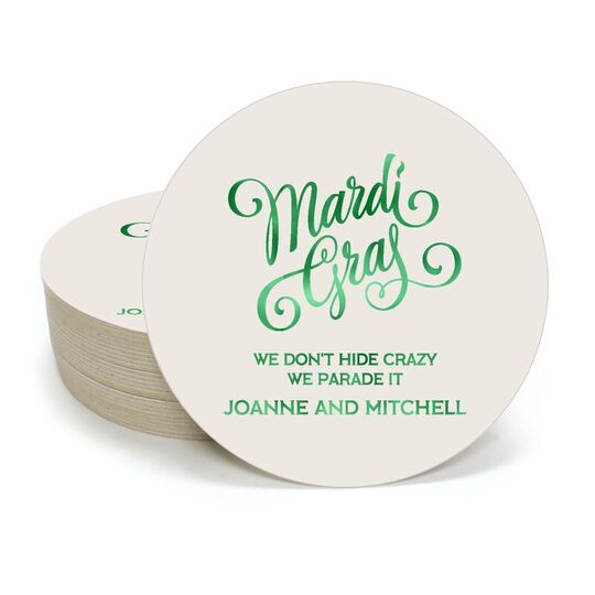 Mardi Gras Script Round Coasters