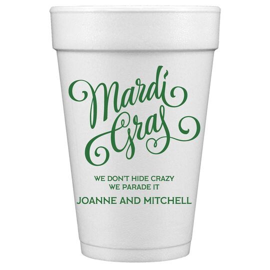 Mardi Gras Script Styrofoam Cups