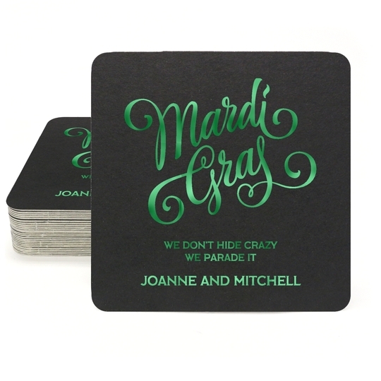 Mardi Gras Script Square Coasters