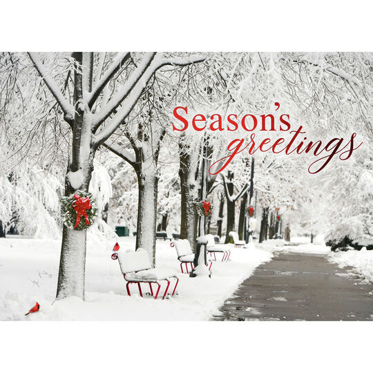 Red Wreaths and Benches Folded Holiday Cards