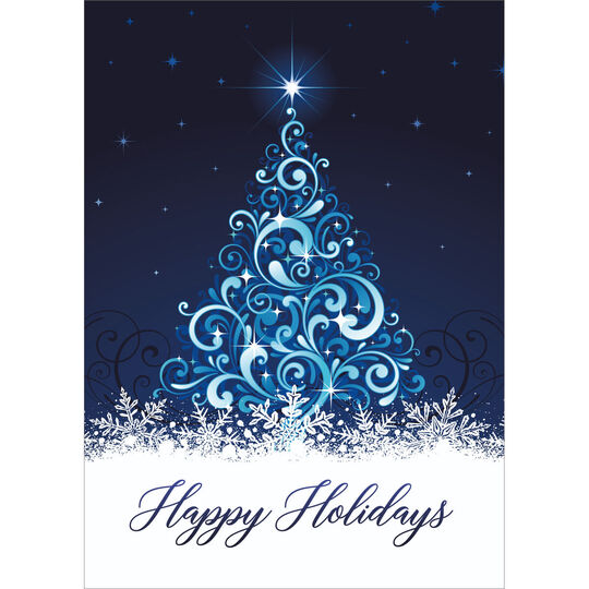 Blue Swirls Tree Folded Holiday Cards