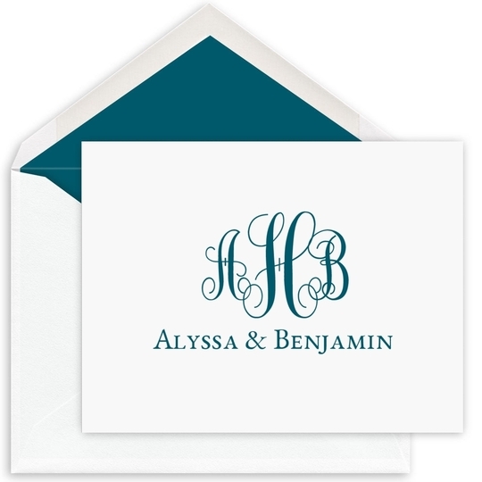 Fancy Script Monogram Folded Note Cards - Raised Ink