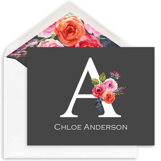 Charcoal Initial Rose Folded Note Cards