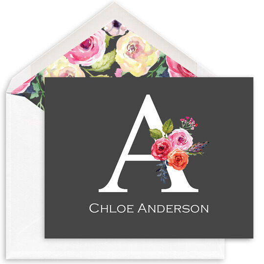 Charcoal Initial Rose Folded Note Cards