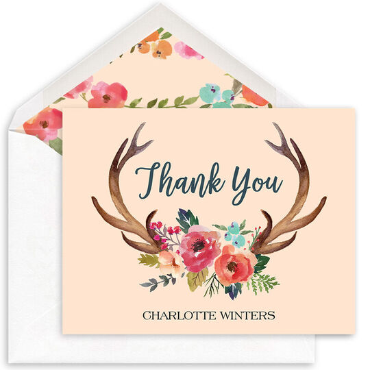 Decorated Antlers Folded Thank You Note Cards