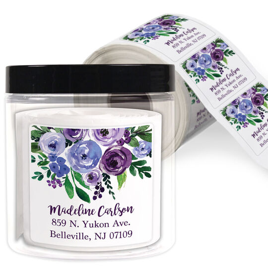 Purple Rose Topper Square Address Labels in a Jar