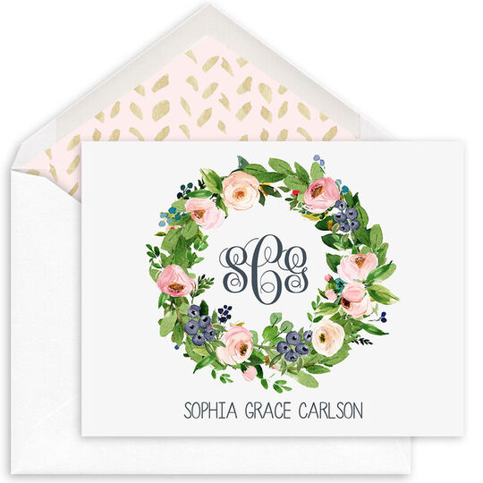 Monogrammed Wreath of Roses Folded Note Cards