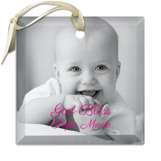 Your Photo Plus Text Square Beveled Glass Ornament