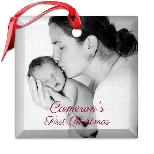 Your Photo Plus Text Square Beveled Glass Ornament