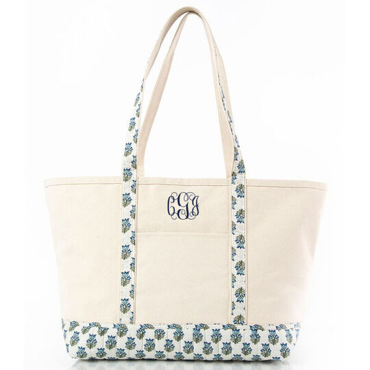 Personalized Aqua Vine Print Trimmed Classic Tote