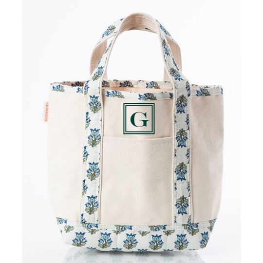 Personalized Aqua Floral Print Trimmed Cutest Little Boat Tote Bag