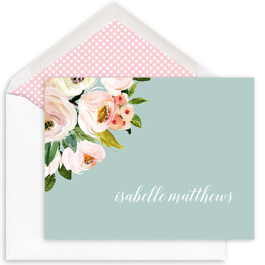 Blue Pink Corner Roses Folded Note Cards