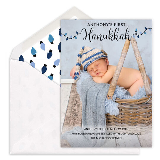 Vertical Hanukkah Lights Holiday Photo Cards