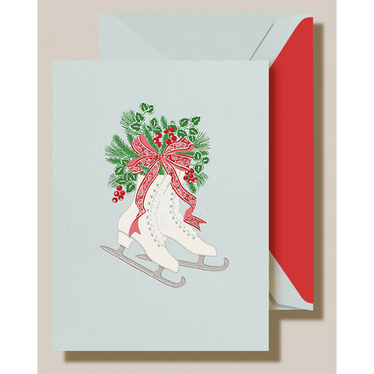 Engraved Holiday Ice Skates Boxed Folded Christmas Cards