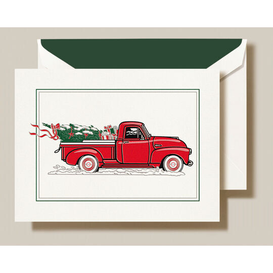 Red Truck with Tree Folded Holiday Cards - Raised Ink