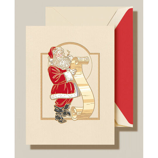 Classic Santa with List Folded Holiday Cards - Raised Ink
