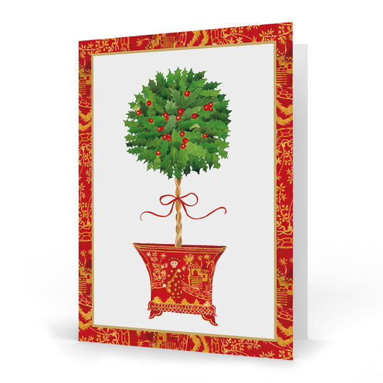 Holly Topiary in Red Pot Folded Holiday Cards