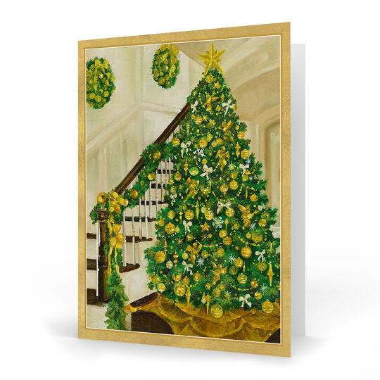 Golden Christmas Tree and Staircase Folded Holiday Cards