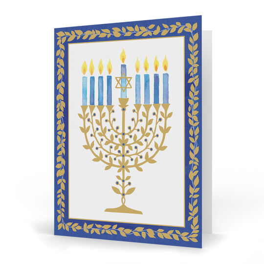 Gold Leaves Menorah Holiday Cards