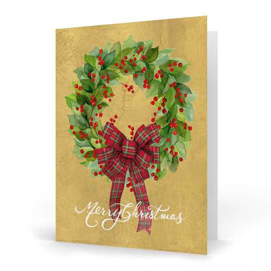 Wreath with Plaid Bow Folded Holiday Cards