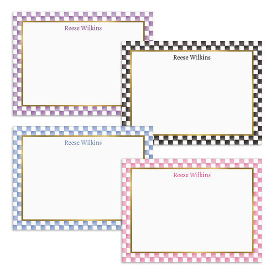 Watercolor Check Border Flat Note Card Collection