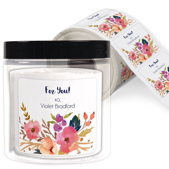 Fall Watercolor Peony Square Gift Stickers in a Jar