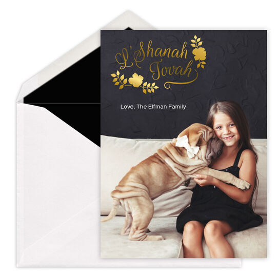 Vertical Foil Floral L'Shanah Tovah Photo Jewish New Year Cards