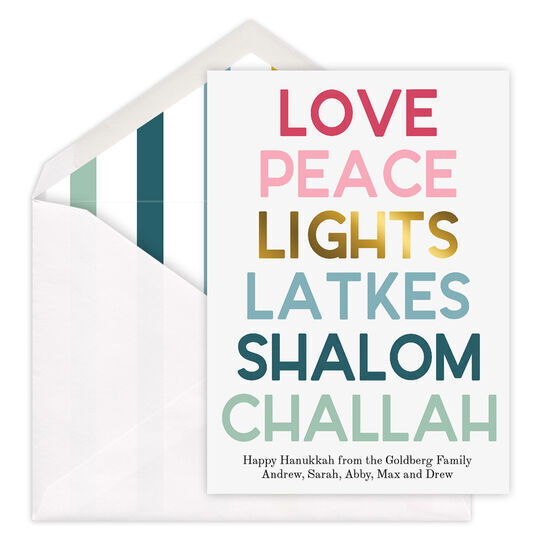 Gold Love Peace Lights Flat Holiday Cards