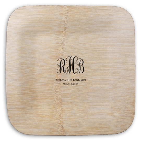 Fancy Script Monogram with Text Square Bamboo Plates