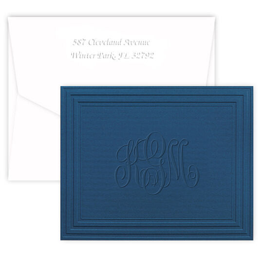 Navy Classic Monogram Frame Folded Note Cards - Embossed
