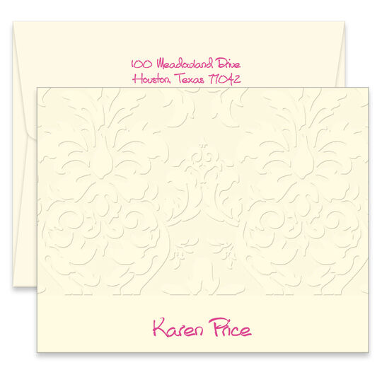 Triple Thick Embossed Damask Folded Note Cards - Raised Ink