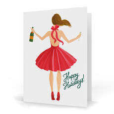 Brunette Holiday Girl with Champagne Folded Holiday Cards