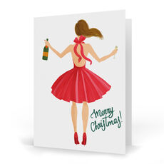 Brunette Holiday Girl with Champagne Folded Holiday Cards