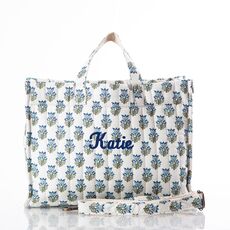 Personalized Aqua Floral Print Tote